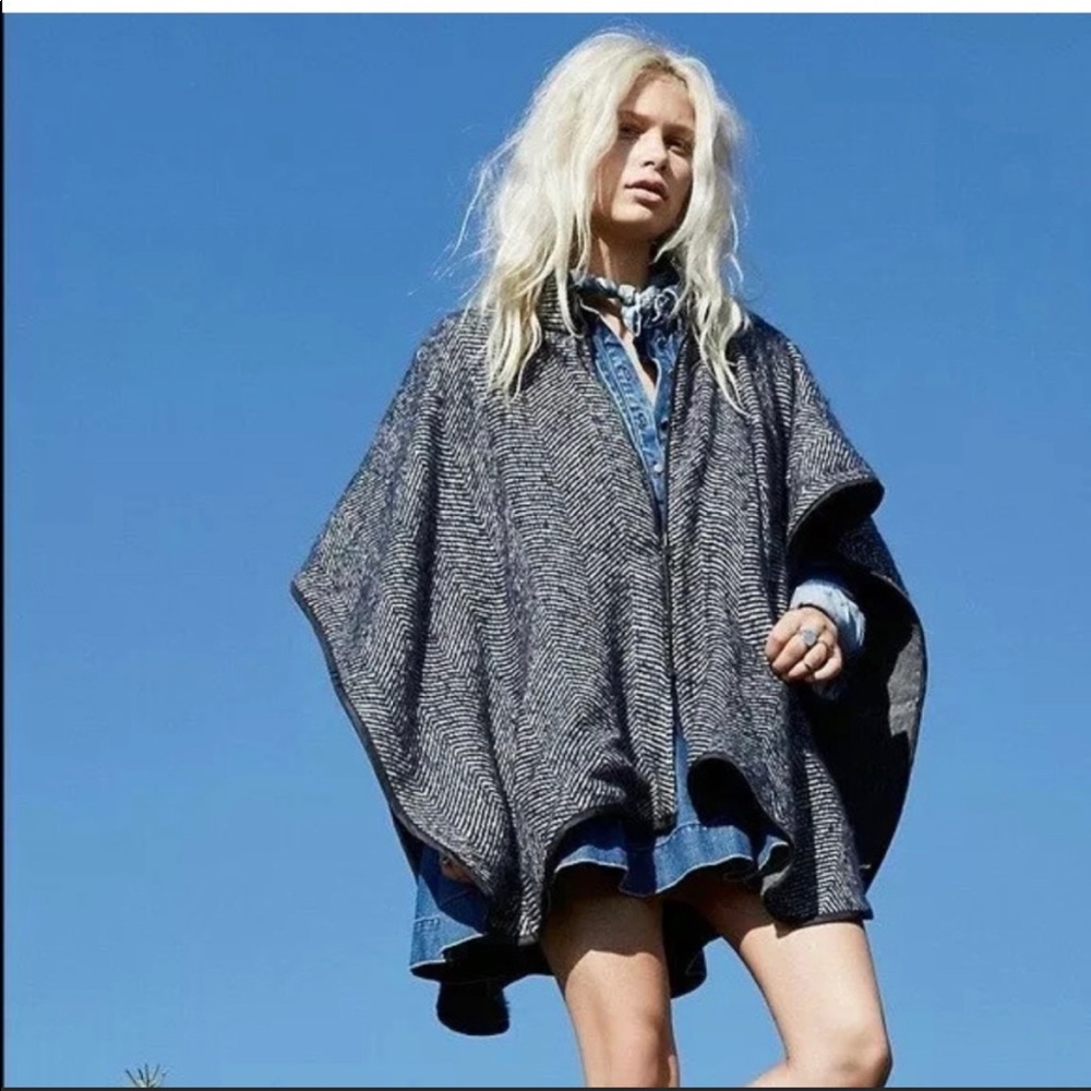 Free People Swept Away Herringbone Layering Cozy Poncho Sweater Jacket